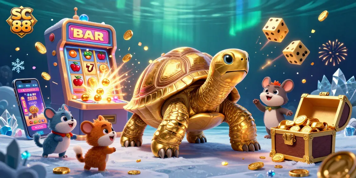 Engage in thrilling gameplay at SC 88 with exciting golden tortoise and slot machine surrounded by vibrant casino elements.