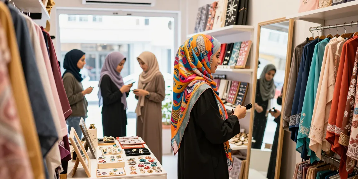 Vibrant hijab shop with a stylish young woman trying on a hijab, colorful fabrics, and accessories.