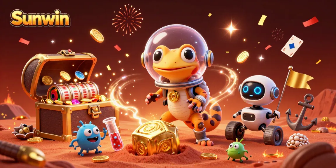 Sunwin showcases exciting casino adventure with 3D Martian gecko in a vibrant, golden scene.