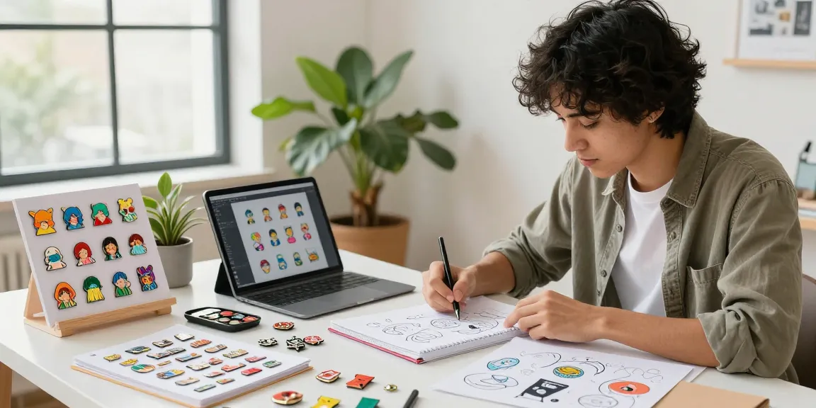 Custom enamel pins displayed in an artistic workspace during an inspiring design session.