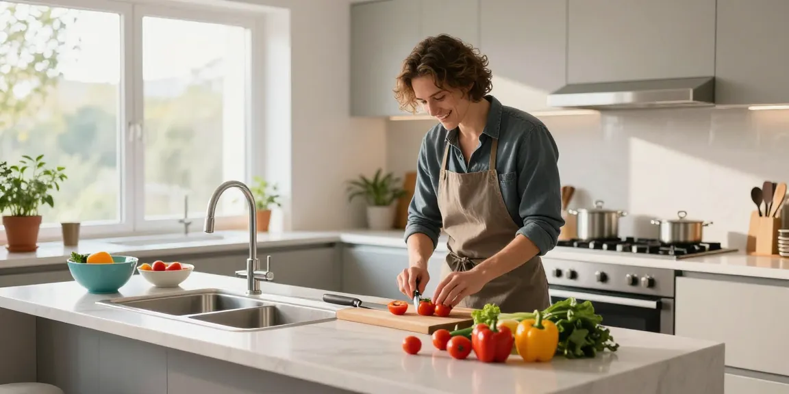 Kitchen sink in stainless steel showcased in a bright modern kitchen where a home cook prepares fresh vegetables.