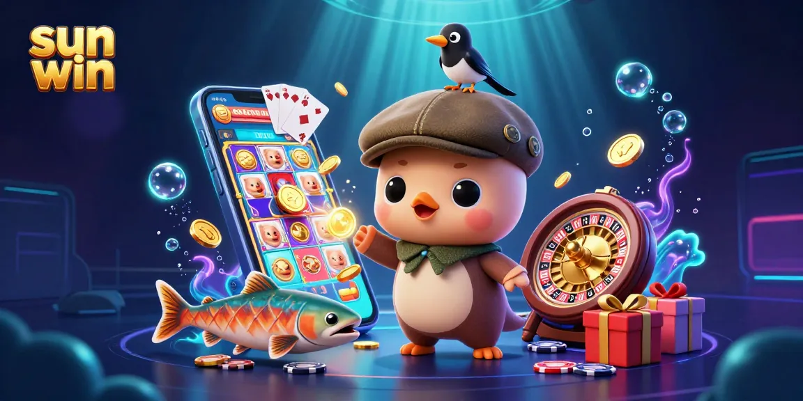 Spin to win big with sun win; a vibrant scene full of colorful slots and cute characters!