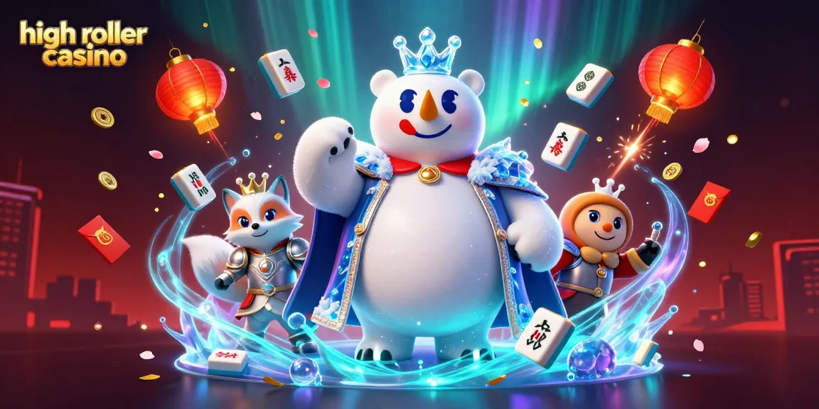 Experience the excitement of the high roller casino with a vibrant 3D illustration of royal characters amidst dynamic game symbols.
