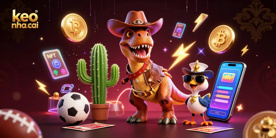 Experience keo nha cai action with a cowboy dinosaur, cactus, and roadrunner in a vibrant sports betting scene.